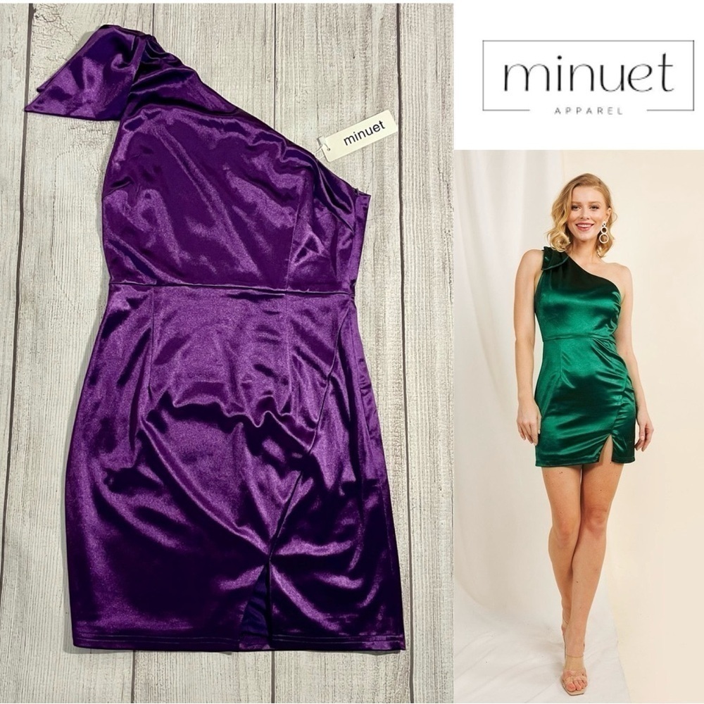 NWT MINUET Women’s Satin Purple Dress Fitted One Shoulder Cocktail Size Small